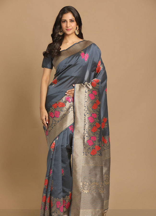 alt message - Mohey Women Graceful Grey Weaved Saree image number 0